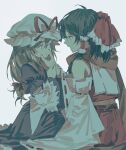  2girls :t bangs bare_shoulders blonde_hair bow brown_hair closed_mouth commentary_request detached_sleeves dress english_commentary frilled_bow frilled_hair_tubes frills hair_between_eyes hair_bow hair_ribbon hair_tubes hakurei_reimu hat hat_ribbon long_hair long_sleeves looking_at_another medium_hair mixed-language_commentary mob_cap multiple_girls muted_color nontraditional_miko open_mouth ouka_musci puffy_short_sleeves puffy_sleeves purple_dress purple_eyes red_bow red_ribbon red_shirt red_skirt ribbon ribbon-trimmed_sleeves ribbon_trim scarf shirt short_sleeves sidelocks simple_background sitting skirt skirt_set sleeveless sleeveless_shirt touhou white_background white_headwear wide_sleeves yakumo_yukari yakumo_yukari_(young) younger 