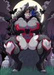  2017 5_fingers anthro big_breasts black_hair blue_highlights breasts canid canine canis cemetery clothing colored_nails coyote female fingers hair hi_res highlights_(coloring) jaeh looking_at_viewer mammal moon nails night orange_eyes outside red_nails red_sclera solo thick_thighs tombstone vampire zenocoyote_(oc) 