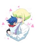  2boys 302 age_regression ascot baby bandana black_gloves blue_eyes blue_hair galo_thymos gloves green_hair half_gloves highres holding_person lio_fotia male_focus multiple_boys neckerchief onesie promare purple_eyes red_bandana sidecut sidelocks spiked_hair younger 