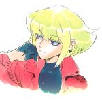  1boy 302 earrings firefighter firefighter_jacket gloves green_hair half_gloves highres jacket jewelry lio_fotia male_focus portrait promare purple_eyes red_jacket smile solo turtleneck 