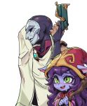 1boy 1girl :d bangs black_bodysuit bodysuit colored_skin eyebrows_visible_through_hair fang from_side grey_background gun hand_grab hand_up height_difference holding holding_gun holding_weapon jhin league_of_legends long_hair long_sleeves lulu_(league_of_legends) mask open_mouth phantom_ix_row purple_hair purple_skin red_headwear shiny shiny_hair shirt simple_background smile striped striped_shirt sweat teeth upper_teeth weapon yordle 