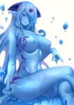  1girl blue_skin blue_slime breasts closed_mouth colored_skin core crossed_legs elvetie hair_over_one_eye highres horns large_breasts lips long_hair looking_at_viewer momendoufu mon-musu_quest! monster_girl nipples nude pointy_ears red_eyes simple_background sitting slime_girl solo tattoo white_background 