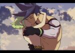  2boys 302 anime_coloring blue_hair chromatic_aberration fake_screenshot galo_thymos green_hair kiss letterboxed lio_fotia male_focus multiple_boys promare sky spiked_hair subtitled topless_male vhs_artifacts yaoi 