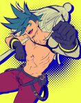  1boy 302 black_gloves blue_eyes blue_hair clenched_hand flat_color galo_thymos gloves halftone halftone_background highres male_focus matoi pectorals promare sidecut solo spiked_hair topless_male 