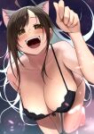  1girl :d ahoge animal_ears bangs bare_shoulders black_bra black_hanekawa blush bra breasts brown_eyes brown_hair cat_day cat_ears collarbone commentary_request hair_over_one_eye hand_up hanekawa_tsubasa highres horie_yui izawa_koushi kono_subarashii_sekai_ni_shukufuku_wo! large_breasts long_hair looking_at_viewer monogatari_(series) open_mouth shiny shiny_hair skindentation smile solo teeth tongue underwear voice_actor_connection wiz_(konosuba) 