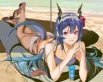  1girl absurdres arknights bangs bare_legs bare_shoulders beach bikini blue_bikini blue_hair ch&#039;en_(arknights) ch&#039;en_the_holungday_(arknights) chinese_commentary commentary_request dragon_horns dragon_tail flower great_lungmen_logo grin hair_between_eyes hair_flower hair_ornament hands_up highres horns ken_(1057168252) long_hair looking_at_viewer lotion_bottle lying on_stomach own_hands_together pink_eyes red_flower sandals shadow smile solo steepled_fingers swimsuit tail thighs 