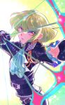  1boy 302 arrow_(projectile) ascot black_jacket bow_(weapon) drawing_bow fire green_hair highres holding holding_bow_(weapon) holding_weapon jacket lio_fotia male_focus promare purple_eyes pyrokinesis solo weapon 