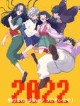  2022 alluka_zoldyck black_hair brother_and_sister brothers falling hand_fan highres holding holding_fan hunter_x_hunter illumi_zoldyck japanese_clothes kalluto_zoldyck killua_zoldyck kimono long_hair midair milluki_zoldyck panicking short_hair siblings thicopoyo white_hair 