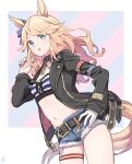  1girl animal_ears bandeau bangs belt belt_buckle black_jacket blonde_hair blue_eyes blue_nails botamochi_(exwelder) breasts buckle collar denim denim_shorts gloves gold_city_(umamusume) horse_ears horse_girl horse_tail jacket light_blush long_hair long_sleeves looking_at_viewer midriff navel open_clothes open_jacket open_mouth red_nails short_shorts shorts signature single_glove small_breasts solo tail thigh_strap umamusume white_gloves 