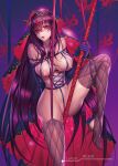  1girl absurdres bangs breasts fate/grand_order fate_(series) fengyin_shici_guozi gae_bolg_(fate) hair_between_eyes highres large_breasts long_hair looking_at_viewer nipples polearm purple_hair red_eyes revealing_clothes scathach_(fate) spear thighs weapon 