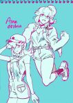  2girls 302 aina_ardebit alternate_costume baseball_cap bracelet denim denim_shorts dual_persona earrings graphite_(medium) hat highres hoop_earrings jacket jewelry jumping monochrome multiple_girls promare shoes shorts side_ponytail sneakers traditional_media typo 