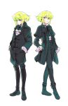  2boys 302 alternate_costume bag boots bow bowtie dual_persona earrings frills full_body gloves green_hair half_gloves highres holding_strap jewelry knee_boots lio_fotia long_coat male_focus multiple_boys peacoat promare purple_eyes standing 