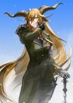  1girl animal_ear_fluff animal_ears arknights armor bangs black_gloves blonde_hair blood blood_on_face blue_sky cowboy_shot day degenbrecher_(arknights) gloves goat_ears goat_horns green_jacket green_pants hair_between_eyes highres holding holding_weapon horns jacket long_hair long_sleeves looking_at_viewer military military_jacket military_uniform outdoors pants parted_lips shoulder_armor sky snowing solo thigh_strap uniform very_long_hair weapon wiping_face yellow_eyes 