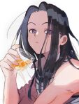  1boy alcohol black_eyes black_hair cup expressionless highres holding holding_cup hunter_x_hunter illumi_zoldyck long_hair looking_at_viewer male_focus parted_lips sleeveless solo thicopoyo 