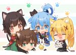  1boy 3girls :3 animal_collar animal_ears aqua_(konosuba) bangs bare_shoulders belt biting black_belt black_jacket black_shirt blue_eyes blue_hair blue_shirt blue_skirt blush bow bowtie brooch cat_boy cat_ears cat_girl cat_tail chibi chomusuke collar darkness_(konosuba) detached_sleeves dress ear_biting eyebrows_visible_through_hair fang green_bow green_bowtie green_eyes green_jacket green_pants hair_ornament hair_rings jacket jewelry kono_subarashii_sekai_ni_shukufuku_wo! leash long_hair long_sleeves lying megumin multicolored_clothes multicolored_jacket multiple_girls on_stomach pants pantyhose ponytail red_dress satou_kazuma shiny shiny_hair shirt skin_fang skirt tail tearing_up thighhighs translation_request trembling two-tone_jacket vase x_hair_ornament yuno_(suke_yuno) 