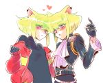  2boys 302 androgynous animal_ears ascot black_gloves blonde_hair blush cat_boy cat_ears dual_persona ear_tag earrings firefighter firefighter_jacket gloves green_hair half_gloves jewelry kemonomimi_mode lio_fotia male_focus multiple_boys promare purple_eyes short_hair sidelocks symmetry turtleneck 