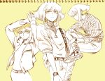  302 3boys alternate_costume androgynous fashion graphite_(medium) highres jacket lio_fotia male_focus monochrome multiple_boys otoko_no_ko promare ribbed_sweater shoes sidelocks sneakers sweater traditional_media turtleneck watch wristwatch 