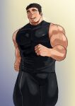  1boy bandages bara black_hair highres jogging large_pectorals male_focus mature_male muscular muscular_male original pants pectorals smile sweat tank_top thick_eyebrows tight track_pants zeroru1111 