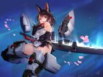  1girl agatsuma_kaede alice_gear_aegis black_eyes black_hair black_leotard blush breasts covered_navel doyouwantto grey_eyes headgear holding holding_sword holding_weapon leotard long_hair mecha_musume mechanical_ears mechanical_legs mechanical_wings medium_breasts midair open-mouth shiny shiny_clothes shiny_hair shiny_skin skin_tight skindentation solo sword weapon wings 