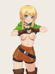  1girl bangs belt black_belt blonde_hair blue_eyes braid breasts brown_gloves brown_legwear carlo_montie choker closed_mouth commentary cowboy_shot elf eyebrows_visible_through_hair gloves green_choker grey_background hair_over_shoulder heart heart_hands highres hyrule_warriors linkle long_hair looking_at_viewer medium_breasts nipples no_bra pointy_ears simple_background skirt smile solo standing the_legend_of_zelda thighhighs twin_braids 