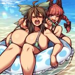  2girls ;3 ;d absurdres ahoge alternate_costume animal_ear_fluff animal_ears ass bangs bare_shoulders bikini black_bow blunt_bangs blush bow braid breasts brown_hair cat_ears coffeelove68 eyebrows_visible_through_hair feet_out_of_frame green_bow hair_between_eyes hair_bow hair_ribbon heart highres huge_breasts innertube kaenbyou_rin lens_flare long_hair looking_at_viewer multiple_girls one_eye_closed open_mouth outdoors red_eyes red_hair reiuji_utsuho ribbon skindentation smile swimsuit teeth touhou tress_ribbon twin_braids twintails upper_teeth xo 