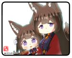  2girls :d amagi-chan_(azur_lane) amagi_(azur_lane) animal_ears azur_lane bangs blunt_bangs brown_hair chibi commentary_request eyebrows_visible_through_hair eyeshadow fox_ears fox_girl fox_tail hair_between_eyes kyuubi long_hair long_sleeves looking_at_viewer makeup mother_and_daughter multiple_girls multiple_tails namesake off-shoulder_kimono purple_eyes rope shimenawa sidelocks simple_background smile tail taisa_(kari) thick_eyebrows twintails white_background wide_sleeves 