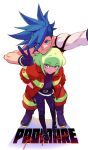  2boys 302 black_gloves blue_eyes blue_hair copyright_name detached_sleeves firefighter_jacket from_above galo_thymos gloves green_hair half_gloves head_on_head head_rest height_difference highres lio_fotia male_focus multiple_boys promare purple_eyes single_detached_sleeve v 