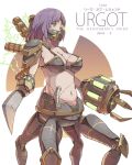  1girl armor breasts brown_background brown_eyes character_name claw_(weapon) cleavage cloba collarbone dated energy genderswap genderswap_(mtf) large_breasts league_of_legends mask mechanical_parts medium_hair mouth_mask multiple_legs navel pink_hair scar shoulder_armor solo urgot weapon white_background 