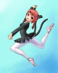  1girl :d alternate_costume animal_ears bad_hands ballerina black_bow blue_background bow braid breasts cat_ears cat_tail eyebrows_visible_through_hair full_body gradient gradient_background hair_bow hair_ribbon highres kaenbyou_rin leg_up long_hair long_sleeves looking_at_viewer multiple_tails nekomata open_mouth pantyhose petticoat pink_footwear red_eyes red_hair ribbon simple_background small_breasts smile solo tail touhou tress_ribbon twin_braids twintails two_tails usui_ou white_legwear 