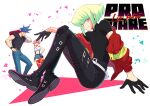  1girl 2boys 302 aina_ardebit blue_hair denim firefighter firefighter_jacket galo_thymos gloves green_hair half_gloves highres jeans leather leather_pants lio_fotia male_focus multiple_boys pants pink_hair promare purple_eyes side_ponytail sitting 
