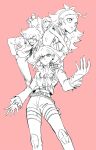  1girl 302 3boys ascot earrings graphite_(medium) gueira hairband highres hoop_earrings jewelry lio_fotia mad_burnish meis_(promare) monochrome multiple_boys promare thyma_(promare) traditional_media 