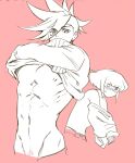  2boys 302 abs blush clothes_lift galo_thymos graphite_(medium) groin highres lio_fotia male_focus male_pubic_hair multiple_boys muscular muscular_male promare pubic_hair shirt_lift traditional_media undressing upper_body 