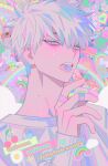  1boy bandaid bandaid_on_hand blue_eyes candy english_text food hand_up highres inplick lollipop long_neck long_sleeves looking_at_viewer male_focus mouth_hold open_mouth original shirt short_hair solo upper_body white_hair white_shirt 
