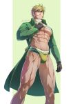  1boy abs artist_name bara blonde_hair bulge coat evinist highres jockstrap large_pectorals legs looking_at_viewer male_focus male_underwear mature_male muscular muscular_male navel nipples palmer_(pokemon) pectoral_cleavage pectorals pokemon pokemon_(game) smile tight underpec underwear 