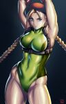  1girl ahoge arms_up artist_logo blonde_hair blue_eyes braid breasts cammy_white cowboy_shot english_commentary finalcake green_leotard highres holster leotard long_hair medium_breasts solo standing street_fighter street_fighter_ii_(series) symbol-only_commentary thigh_holster turtleneck twin_braids 