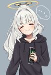 1girl bangs blue_archive blush can closed_eyes closed_mouth energy_drink eyebrows_visible_through_hair grey_background hair_between_eyes halo hare_(blue_archive) highres holding hood hood_down hoodie long_hair long_sleeves monster_energy pocchari ponytail silver_hair simple_background solo 