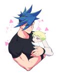  2boys 302 age_regression baby black_shirt blue_eyes blue_hair galo_thymos green_hair highres holding_person lio_fotia male_focus multiple_boys onesie promare purple_eyes shirt sidecut spiked_hair t-shirt younger 