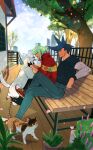  302 bench blue_hair cat denim dog firefighter firefighter_jacket galo_thymos green_hair highres jacket jeans lio_fotia male_focus outdoors pants plant potted_plant promare purple_eyes red_jacket sitting tree 