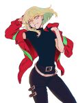  1boy 302 black_gloves blonde_hair earrings firefighter_jacket gloves green_hair half_gloves highres jacket jewelry leather leather_pants lio_fotia male_focus off_shoulder pants partially_undressed promare purple_eyes red_jacket short_sleeves sidelocks solo turtleneck 