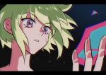  1boy 302 anime_coloring blue_fire chromatic_aberration fake_screenshot fire green_hair letterboxed lio_fotia male_focus promare purple_eyes purple_fire pyrokinesis solo subtitled topless_male vhs_artifacts 