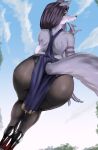 anthro back_boob big_butt breasts butt canid canine clothing female hair hi_res high_heels looking_at_viewer looking_back looking_back_at_viewer mammal panties solo underwear ydart 