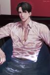  1boy artist_name bara black_eyes black_hair highres looking_at_viewer male_focus mature_male muscular muscular_male original pants pectoral_cleavage pectorals saen shirt tight water wet wet_clothes 