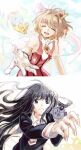  absurdres cardcaptor_sakura closed_eyes daidouji_tomoyo hands highres kero kinomoto_sakura koyomania magical_girl purple_eyes school_uniform teeth tomoeda_elementary_school_uniform video_camera wings 