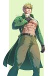  1boy abs artist_name bara belt blonde_hair coat evinist gloves highres large_pectorals looking_at_viewer male_focus mature_male muscular muscular_male nipples palmer_(pokemon) pants pectoral_cleavage pectorals pokemon pokemon_(game) pokemon_dppt smile tight underpec 