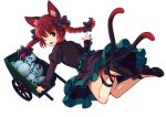  animal_ear_fluff animal_ears artist_request black_bow black_dress black_ribbon blue_eyes bone bow braid cat_ears cat_tail dress glowing glowing_eye green_dress juliet_sleeves jumping kaenbyou_rin leg_ribbon legs long_sleeves mary_janes multiple_tails one_eye_closed open_mouth puffy_sleeves red_eyes red_hair renya_cos ribbon shoes simple_background skull smile source_request tail touhou twin_braids two_tails wheelbarrow white_background 