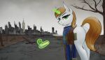  apocheck13 butt city cityscape dock equid equine fallout_equestria female feral gun hasbro horn littlepip looking_at_viewer looking_back magic mammal my_little_pony plant ranged_weapon rear_view ruins saddle_bag solo tree unicorn wasteland weapon 