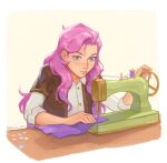  1girl artist_name bangs blue_eyes brown_jacket closed_mouth collared_shirt grey_background highres jacket kherl layered_sleeves league_of_legends long_hair long_sleeves pink_hair seraphine_(league_of_legends) sewing sewing_machine shirt short_over_long_sleeves short_sleeves simple_background solo upper_body white_shirt 