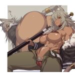  1girl abs animal_ears ass ass_focus bandeau belt bent_over breasts cameltoe choker commentary_request dark-skinned_female dark_skin eyepatch fat_mons female_pubic_hair fur-trimmed_jacket fur_trim ghislaine_dedoldia green_pants grey_hair highleg highleg_panties highres jacket large_breasts long_hair looking_at_viewer mikoyan muscular muscular_female mushoku_tensei one-eyed open_belt open_clothes panties pants polearm pubic_hair pubic_hair_peek red_eyes red_panties scar scar_on_cheek scar_on_face scar_on_stomach solo tail thighs underwear weapon 