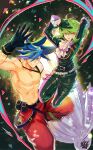  2boys 302 black_gloves black_jacket blue_fire blue_hair detached_sleeves earrings fire galo_thymos gloves green_hair half_gloves highres jacket jewelry lio_fotia male_focus matoi multiple_boys pink_fire promare purple_eyes purple_fire pyrokinesis single_detached_sleeve spiked_hair 