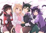  2boys 2girls :3 :d akamatsu_kaede alternate_costume animal_ears animal_hands bangs black_jacket black_legwear black_shorts black_skirt blush brown_eyes brown_hair cat_boy cat_ears cat_girl cat_tail collar danganronpa_(series) danganronpa_v3:_killing_harmony eyebrows_visible_through_hair fang hair_between_eyes harukawa_maki heart jacket long_hair long_sleeves multicolored_hair multiple_boys multiple_girls open_mouth ouma_kokichi pink_eyes pink_jacket pink_skirt pout red_jacket red_scrunchie saihara_shuuichi scrunchie shikitani_asuka shirt_tucked_in short_shorts shorts skin_fang skirt smile spoken_heart tail thighhighs twitter_username two-tone_hair white_collar white_jacket 